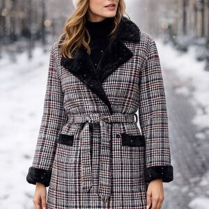 Solitaire Twill Plaid Faux Fur Belted Coat NWT